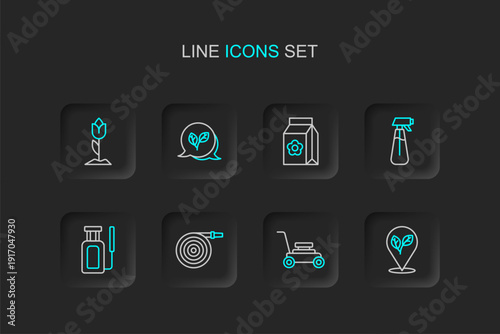 Set line Location with leaf, Lawn mower, Garden hose, sprayer for water, Pack full of seeds, Leaf and Flower tulip icon. Vector