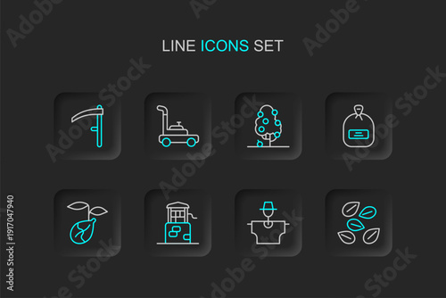 Set line Seeds of specific plant, Scarecrow, Well, Sprout, Pack full seeds, Fruit tree, Lawn mower and Scythe icon. Vector