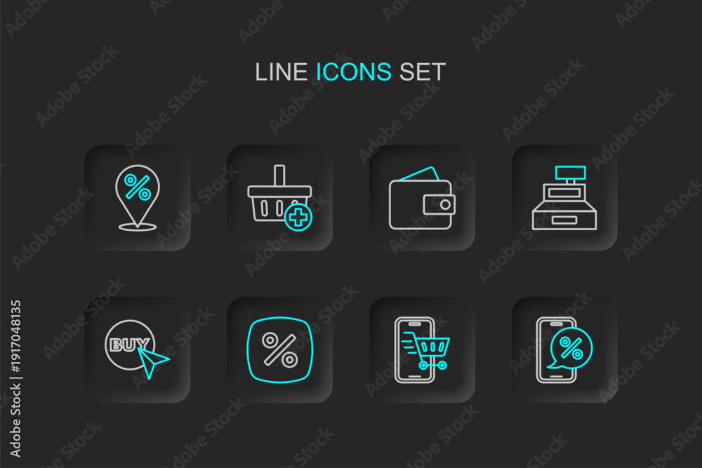Fototapeta premium Set line Percent discount on phone, Mobile with shopping cart, Discount percent tag, Buy button, Cash register machine, Wallet, Add Shopping basket and Location icon. Vector