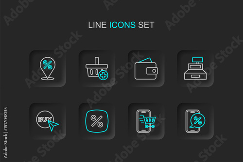 Set line Percent discount on phone, Mobile with shopping cart, Discount percent tag, Buy button, Cash register machine, Wallet, Add Shopping basket and Location icon. Vector