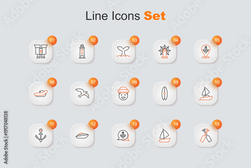 Set line Crossed oars or paddles boat, Yacht sailboat, Anchor, Speedboat, Surfboard and Sailor icon. Vector