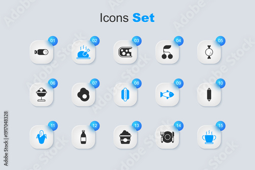 Set Plate, fork and knife, Scrambled egg, Roasted turkey chicken, Corn, Bowl of hot soup, Rolling pin, Salami sausage and Hotdog icon. Vector