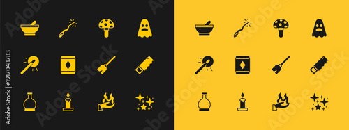 Set Ghost, Burning candle, Witches broom, Hand holding fire, Magic carpet, Psilocybin mushroom, cauldron and wand icon. Vector