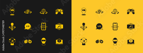 Set Gamepad, 3d modeling, Virtual reality glasses, and 360 degree view icon. Vector