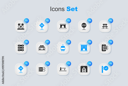 Set Train in railway tunnel, Cargo train wagon, Speed limit traffic sign 100 km, Railroad crossing, Toilet, Online ticket booking, End of tracks and Suitcase icon. Vector