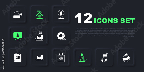 Set Christmas stocking, ball, santa claus sleigh, Burning candle, tree, Merry house and shopping bag icon. Vector