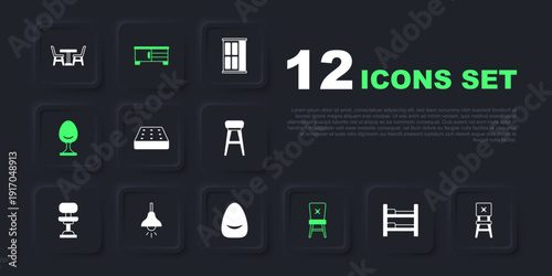 Set Bunk bed, Chair, Mattress, Armchair, Lamp hanging, TV table stand and Pouf icon. Vector