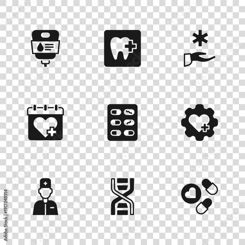 Set DNA symbol, Heart with cross, Medicine pill or tablet, Pills blister pack, Cross hospital medical, IV bag, Dental clinic location and Doctor appointment icon. Vector