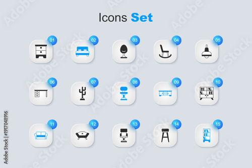 Set Chair, Coat stand, Big bed, Sofa, Library bookshelf, Furniture nightstand and Office chair icon. Vector