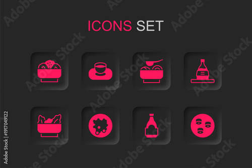 Set Rice in a bowl, Soy sauce, Chow mein on plate, bottle, Bottle of sake, Sushi, Ramen soup and Wonton icon. Vector