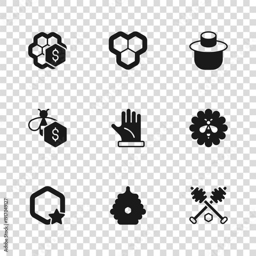 Set Hive for bees, Bee on flower, Honey dipper stick, Beekeeper glove, with protect hat, Sale of honeycomb, Honeycomb and icon. Vector