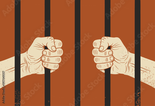 Hands gripping prison bars with textured brown background cell crime