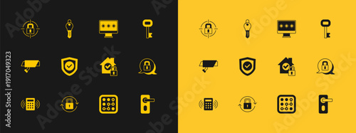 Set Old key, Lock, House under protection, Graphic password, Shield with check mark, Monitor, and Key icon. Vector