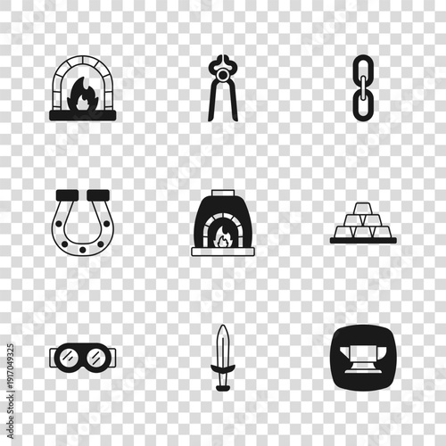 Set Medieval sword, Gold bars, Blacksmith anvil tool, oven, Chain link, pliers and Horseshoe icon. Vector