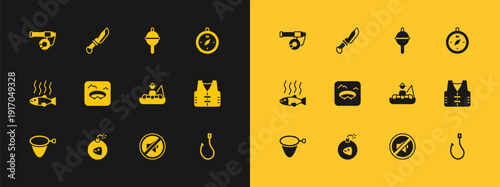 Set Compass, Bomb, Fisherman in boat, Speaker mute, Winter fishing, Fishing float, rod and Knife icon. Vector