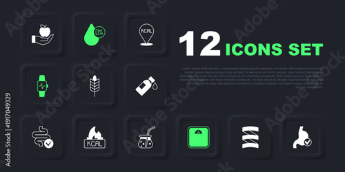 Set Sports nutrition proteine, Human stomach health, Wheat, Bathroom scales, Smart watch with heart, Kcal, Water balance and Fresh smoothie icon. Vector