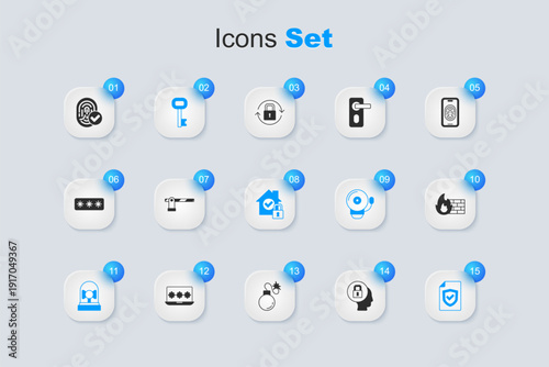 Set Lock, Parking car barrier, Old key, Ringing alarm bell, Contract with shield, Firewall, security wall, Fingerprint and House under protection icon. Vector
