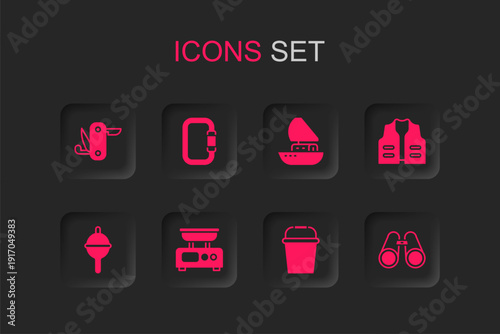 Set Electronic scales, Carabiner, Swiss army knife, Fishing bucket, jacket, Binoculars, Yacht sailboat and float icon. Vector
