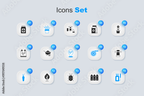 Set Garden fence wooden, Wheelbarrow, Plant in pot, Carrot, sprayer for water, Automatic irrigation sprinklers, Pack full of seeds and Location with leaf icon. Vector