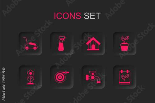 Set Garden hose, sprayer for water, Lawn mower, Water tap, Plant in pot, Calendar with autumn leaves, Farm house and Flower icon. Vector