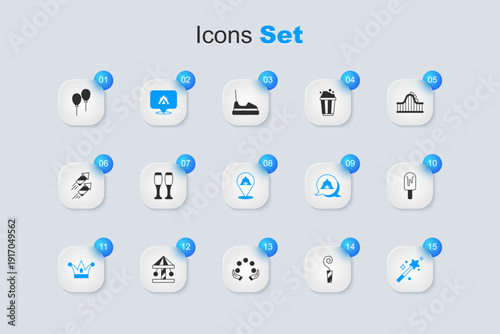 Set Birthday party horn, Bowling pin, Circus tent, Jester hat with bells, Magic wand, Ice cream, Balloons ribbon and icon. Vector