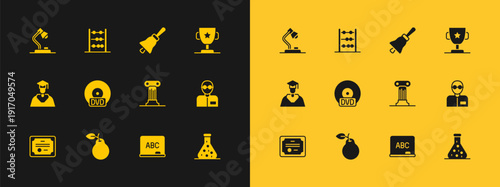 Set Award cup, Pear, Law pillar, Chalkboard, CD or DVD disk, Ringing bell, Table lamp and Abacus icon. Vector