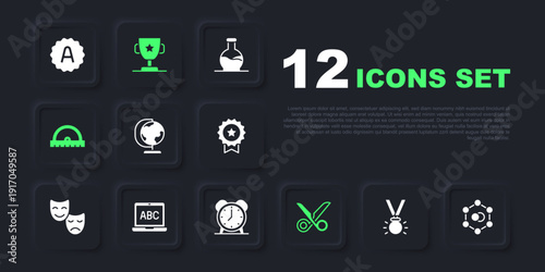 Set Medal, Molecule, Earth globe, Scissors, Protractor grid, Laptop, Award cup and Alarm clock icon. Vector