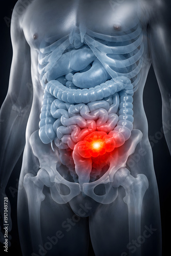 3D medical illustration of a human abdomen with transparent skin, blue intestines and a glowing red pain area in the lower abdomen. Realistic anatomy, minimal medical style.
