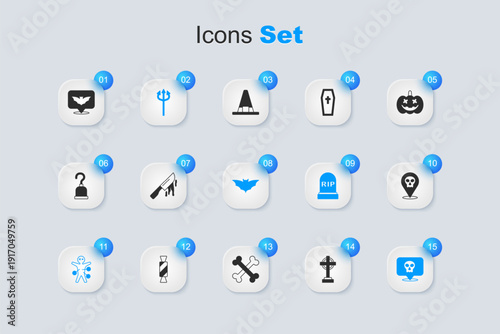 Set Tombstone with cross, Bloody knife, Trident devil, Voodoo doll, Skull, Flying bat and icon. Vector