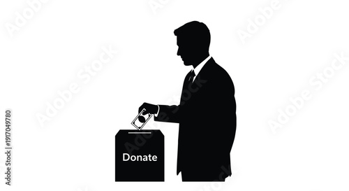 Silhouette of a man inserting money into a donation box with a label