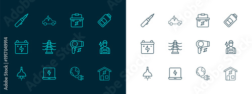 Set line Battery charge, Laptop, Hair dryer, Global energy planet with plug, Electric tower line, Toolbox electrician, Soldering iron and car icon. Vector