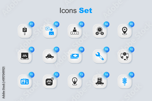 Set Taxi mobile app, car, driver, license, Traffic light, call telephone service, Parking and Stacks paper money cash icon. Vector
