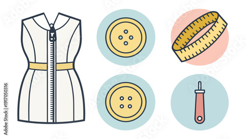 Collection of sewing supplies including a dress on a form, buttons, measuring tape, and a seam ripper, presented as simple flat icons.