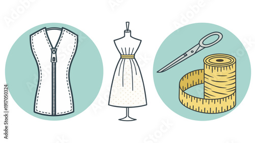 Illustration of sewing and tailoring tools, including a dress form, zipper, and measuring tape, in a clean, modern style.