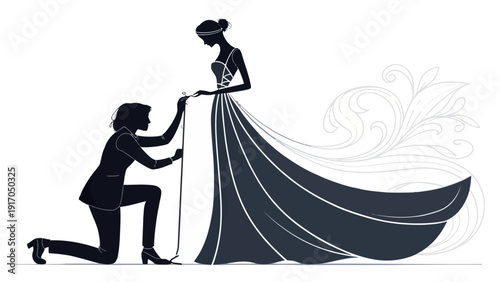 Silhouette of a fashion designer kneeling to measure a client in an elegant gown, symbolizing bespoke tailoring and the art of haute couture.