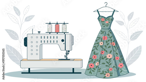 A sewing machine with colorful thread spools stands beside a beautiful floral-patterned dress on a hanger, representing elegant garment creation.