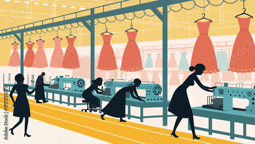 Vibrant illustration depicting a busy garment factory with workers assembling dresses on sewing machines, showcasing the scale of clothing production.