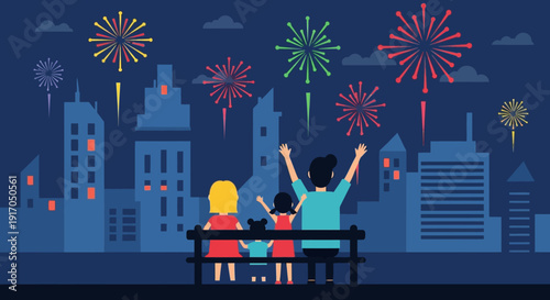 Family Enjoying Fireworks Over a Night Cityscape, Celebrating Together Under City Lights.