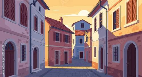 Colorful Mediterranean Street with Sunlit Buildings and Narrow Lane.