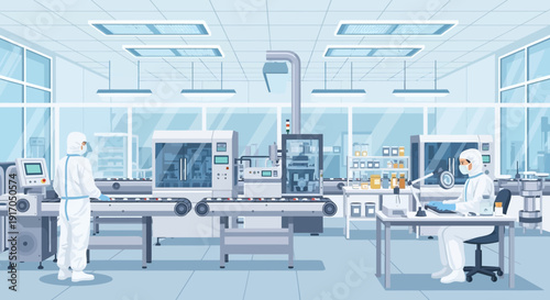 Modern laboratory scene with scientists at work in a high-tech sterile environment.