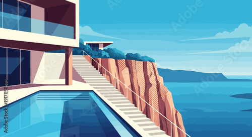 Sunny cliffside resort with pool reflecting the blue ocean and expansive sky.