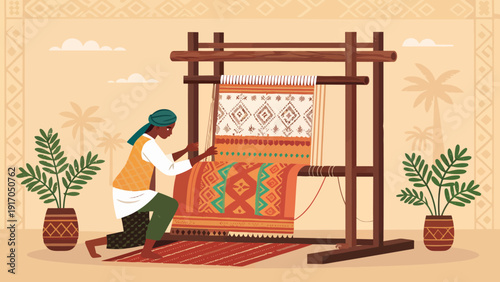 Traditional Textile Art: Artisan Weaving Intricate Patterns on a Wooden Loom in a Warm, Ethnic Setting