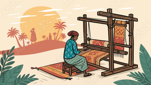Desert Craftsmanship: Woman Sitting at a Loom Weaving Colorful Ethnic Fabric Under a Setting Sun
