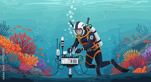 Underwater Diver Exploring Colorful Coral Reef in Clear Ocean Waters.