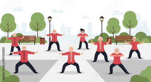 Group outdoor exercise class with stretching in a park during a bright morning, showcasing teamwork and active lifestyle.