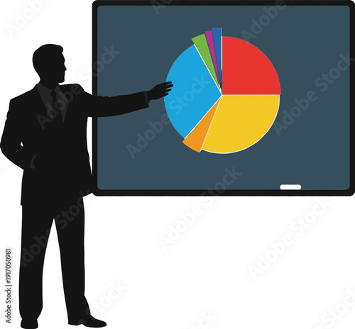 Businessman silhouette presenting pie chart on screen, data analytics concept, market share analysis, corporate presentation strategy, financial report visualization, business performance insights