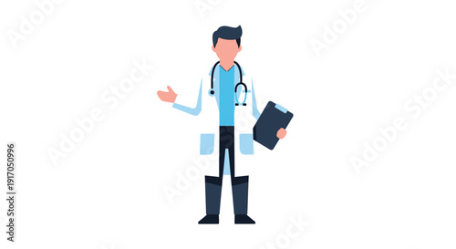 A doctor in a white coat gestures with one hand and holds a clipboard