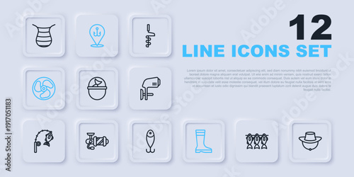 Set line Dried fish, Fisherman hat, Fishing bucket with, boots, Outboard boat motor, Spinning reel for fishing, hook and lure icon. Vector