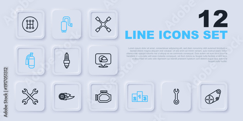 Set line Wrench spanner, Timing belt kit, Car spark plug, Award over sports winner podium, Fire extinguisher, Wheel fire flame, muffler and Check engine icon. Vector