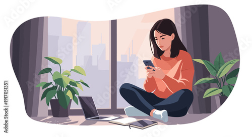 Woman relaxing with laptop and book by a window with plants in a cozy home setting.